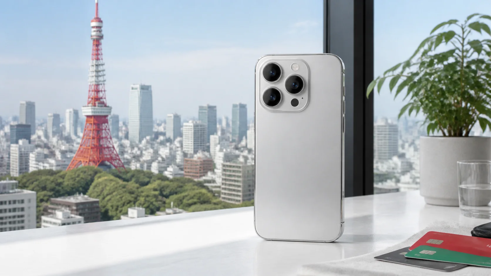 東京の景色を背景にした日本の購入者向けiPhoneとUSDT決済